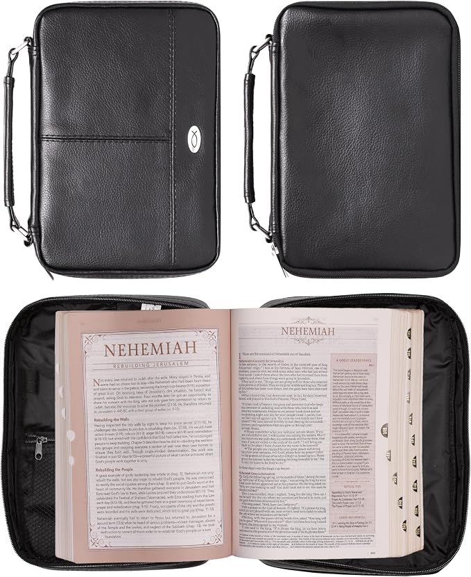 Christian Art Gifts Faux Leather Bible Cover for Men and Women | Ichthus Jesus Fish Emblem Zippered Two-Fold Organizer Case for Bible or Book w/Handle
