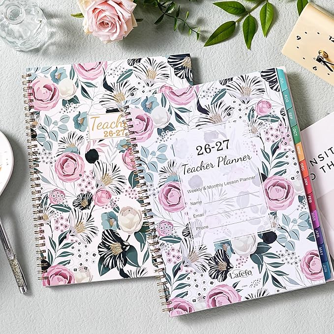 Teacher Planner 2026-2027 - 2026-2027 Weekly & Monthly Lesson Plan Book with Colorful Tabs, July 2026 - June 2027, 8.3" x 11", Academic Planner 2026-2027 with Twin-Wire Binding and Quotes for Teachers - Petunia