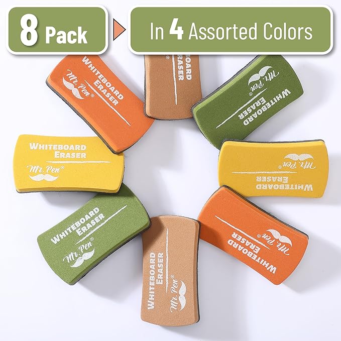 Mr. Pen- Magnetic Dry Erase Erasers, 4" x 2", 8 Pack, Assorted Colors, Magnetic Whiteboard Dry Erase Erasers Bulk for Kids, Teachers, Students and Classroom Supplies