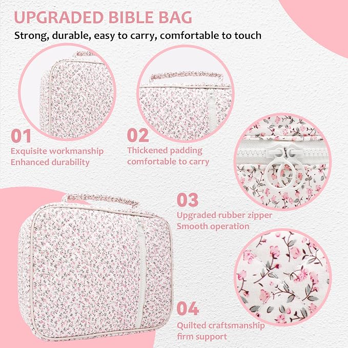 Bible Cover Case For Women,Large Bible Bag with Study Supplies,Quilted Bible Carrying Case for Girls,Portable Bible Case with Highlighter, Pens,Tabs,Bible Study Gifts for Women