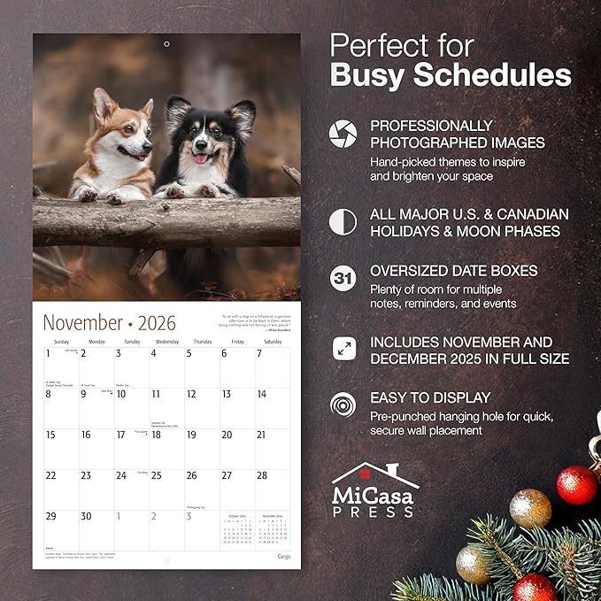 MICASA PRESS Corgis 2026 Wall Calendar 12 Month | 12" x 24" Open | Thick & Sturdy Paper | Giftable | Cute Puppy Dog Calendar 2026