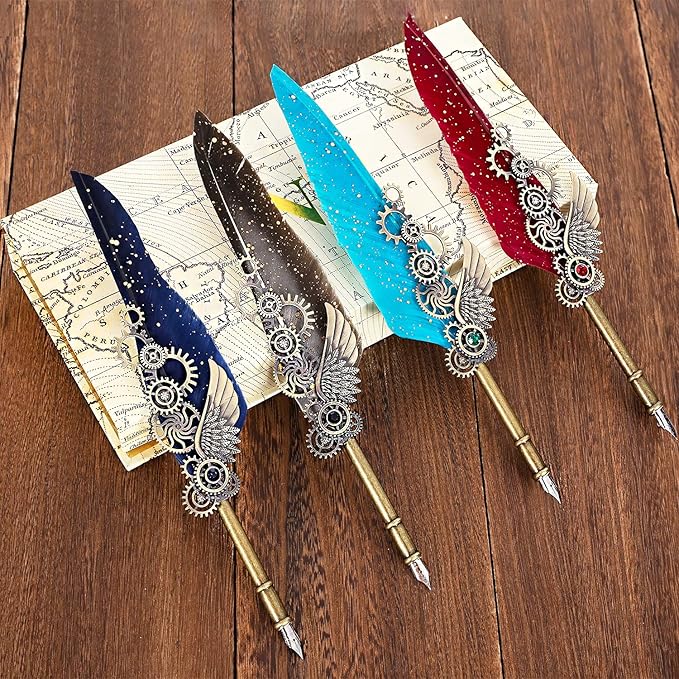 NC Feather Quill Pen Set - Includes 5 Ink Bottles, 6 Nibs, Mechanical Quill Pen for Calligraphy, Writing Letters, Signing, Invitations Etc (Grey)