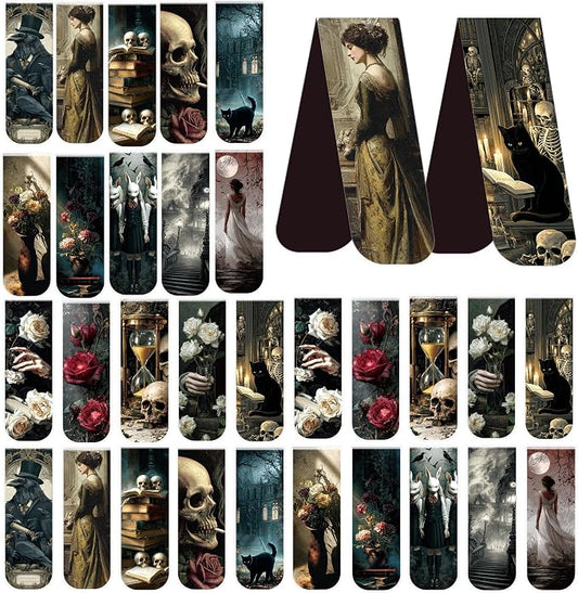 Dark Academia Magnetic Bookmarks for Women, 30 Pcs Gothic Witchy Book Marks with Aesthetic Skull Rose Castle Designs, Magnet Book Marker Clips for Readers and Book Lovers