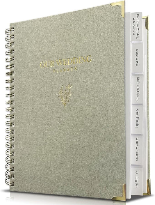 Wedding Planner Book and Organizer for Bride - Elegant Linen Cover Wedding Planning Binder with Checklists,Pockets & Calendars,Perfect Engagement Gifts for Couples(Sage)