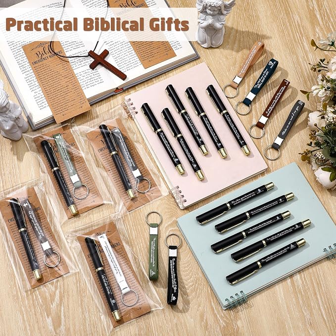 Feifeiya 25 Sets Father's Day Christian Church Gifts Bulk Bible Verse Plastic Gel Pen Religious Silicone Keychains Scripture Bookmarks for Men Women Empowerment Sunday Study Group Gifts(Black)