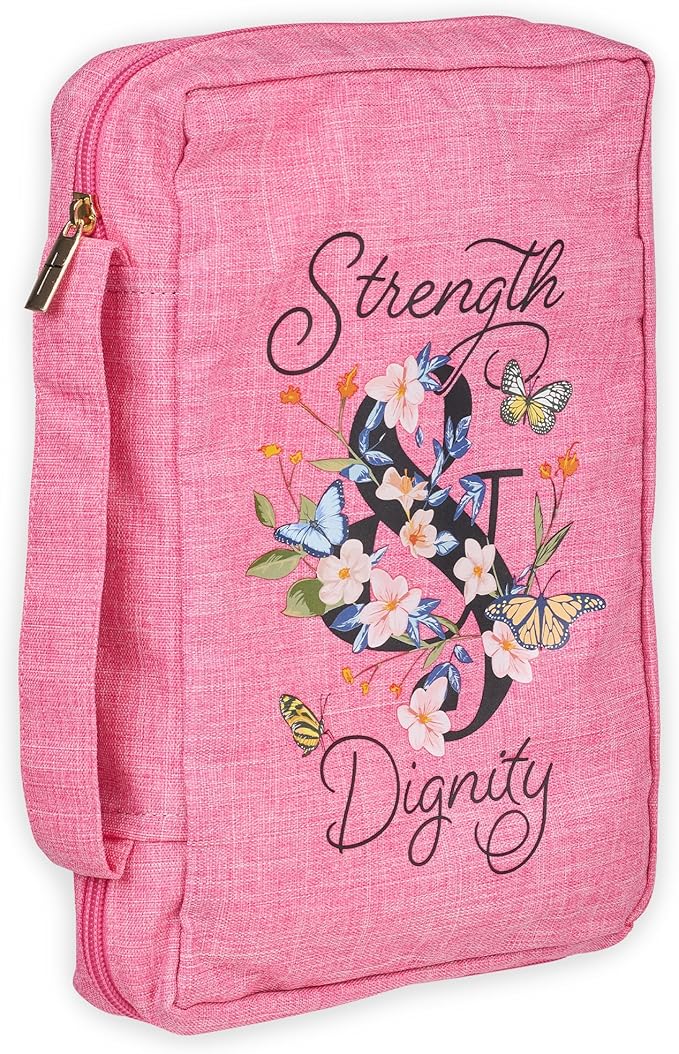 Christian Art Gifts Polyester Canvas Bible Cover for Women w/Zippered Pocket & Pen Storage: Strength & Dignity - Proverbs 31:25 Inspirational Bible Verse Carry Case, Pink Butterfly Floral, Large