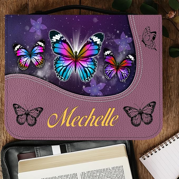Custom Leather Bible Cover with Name – Personalized Bible Case for Women Zippered with Handle, Bookmark & Storage Pockets, Christian Gift for Mom, Daughter, Grandma (Butterfly, M-2XL)