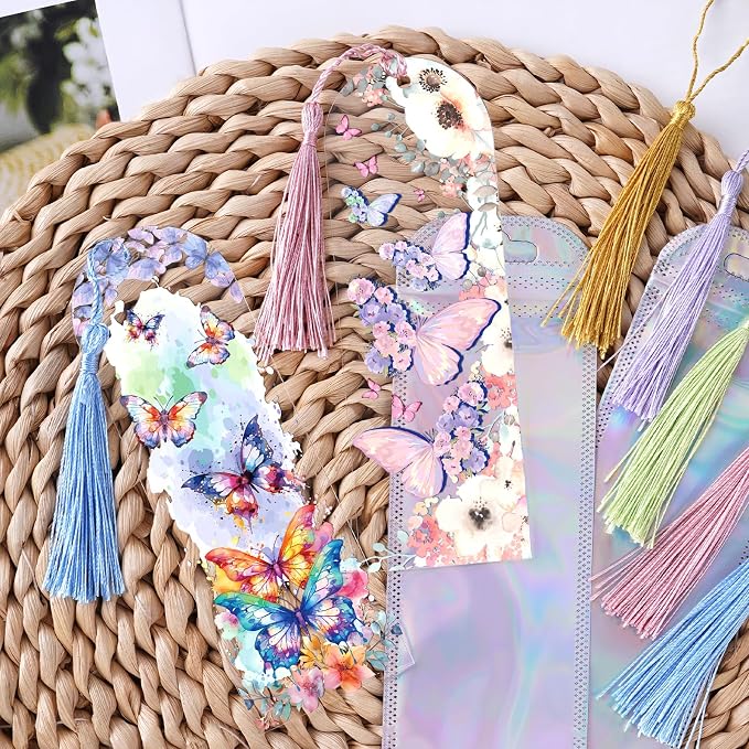 Dazoratix Butterfly Bookmark Making Kit - 60 PCs Floral Acrylic Bookmarks Blanks with Tassels Flower UV DTF Transfer Stickers DIY Craft Projects Clear Transparent Marks Tags for Women Book Lovers Gift