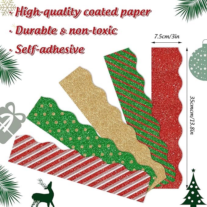 Whaline 69Ft Christmas Glitter Bulletin Board Borders 5 Designs Shine Stripe Dot Red Green Gold Merry Christmas Decoration Trim Bulletin Board Stickers for School Classroom Office Party Decoration