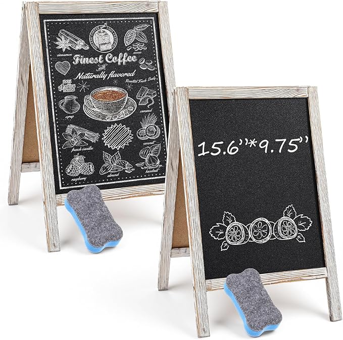 Henoyso 2 Pcs Double-Sided Tabletop Chalkboard Sign, 16"x10" Easel Rustic Wood Frame Small Chalkboard with 2 Erasers for Menu Cafes, Restaurants, Weddings Home Decor(White)