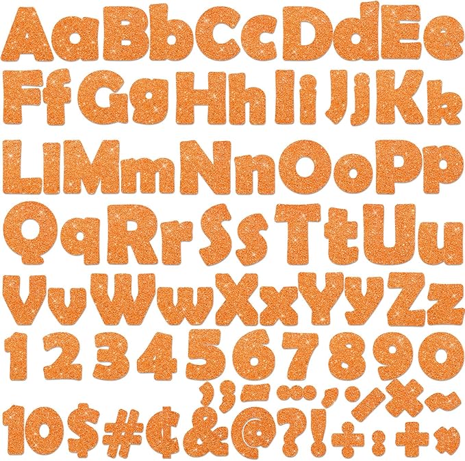 Qyeahkj 260Pcs Glitter Orange Bulletin Board Letters for Classroom 4” Letter Combo Pack Set Numbers Alphabet Poster Board Punctuation Symbol Cutout with Adhesive Dots for School Classroom Wall Decor