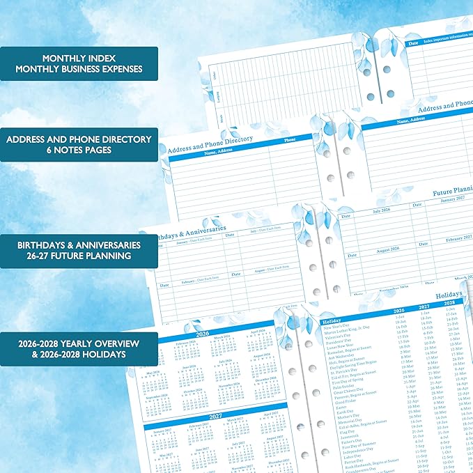 Planner Refills - 2026-2027 Planner Refills, July 2026 - June 2027, 2 Pages Per Day Daily ＆ Monthly Planners, A5 Planners Inserts, 5.51" x 8.38", Daily Tracker, 7-Hole Punched