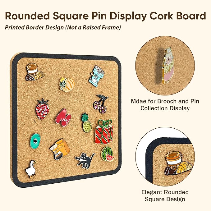 1pcs Rounded Square Pin Display Cork Board - 7.9x7.9 inch Enamel Pin Board for Brooch and Pin Collection Display, Ideal for Home, Office and School Decor