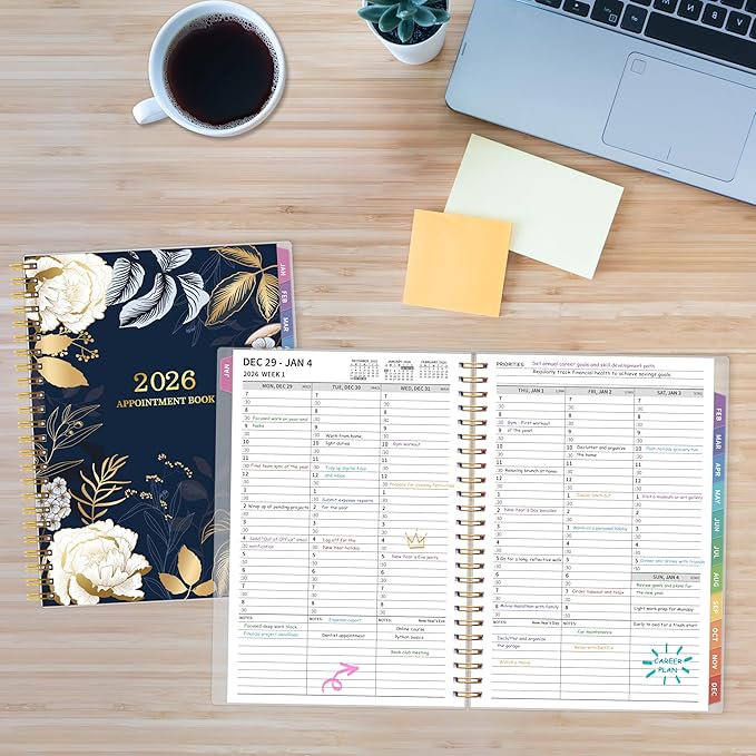 2026 Appointment Book, 30 Minutes-Hourly, Weekly ＆ Monthly Calendar Planner 2026, Jan 2026 - Dec 2026, 6.2'' x 8.4'', 2026 Daily Planner with Tabs ＆Pocket, Flexible Cover, Great for Office, Home, School