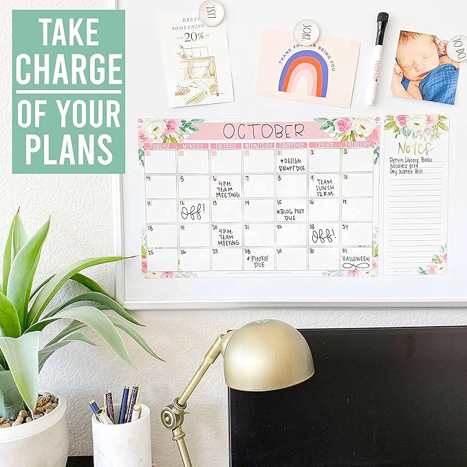 Hadley Designs - Floral Dry Erase Board Calendar for Fridge, Wall - Magnetic Notepad