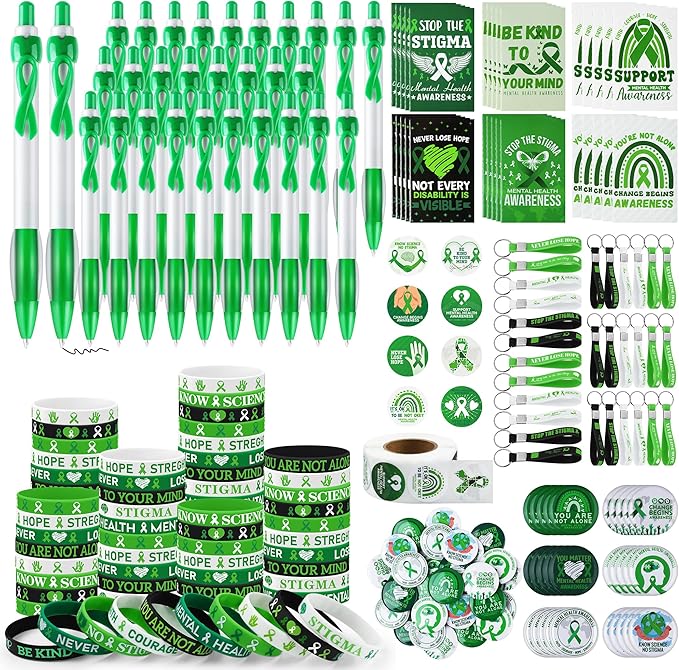 Aodaer 181 Pieces Mental Health Awareness Set Includes Silicone Bracelets, Badge Brooches, Green Ribbon Pens, Keychains, Mini Notebooks, Stickers, Mental Health Awareness Items for Adults Teens Gifts