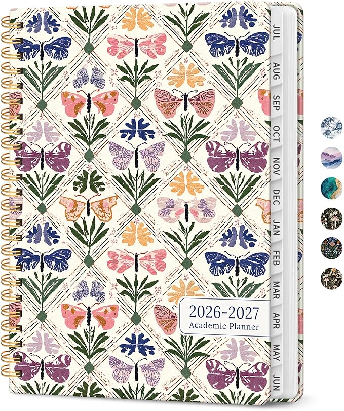 Planner 2026-2027, Academic Monthly and Weekly Calendar Planner for Women, July 2026 - June 2027, Hardcover Pretty Agenda Planner Book with Tabs, Spiral Daily Organizer for School Office Home Supplies, 6.3" x 8.5" - Butterfly Patchwork