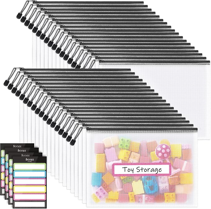 Sooez 36 Pack Mesh Zipper Pouch with Sticky Labels, A4 Mesh Bags, Toy Storage Board Game Puzzles Organization, Sturdy Letter Size File Folders Organizer Teacher School Classroom Office Supplies, Black