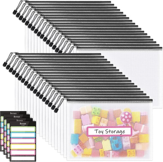 Sooez 36 Pack Mesh Zipper Pouch with Sticky Labels, A4 Mesh Bags, Toy Storage Board Game Puzzles Organization, Sturdy Letter Size File Folders Organizer Teacher School Classroom Office Supplies, Black
