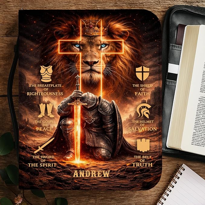 Personalized Man of God Bible Cover for Men, Christian PU Leather Bible Case with Handle Zipper, God Says I Am Warrior Scripture Bible Holder, Religious Gift for Men (Warrior Lion)