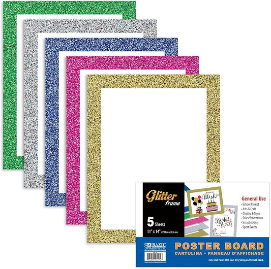 BAZIC Products 11in x 14in White Poster Board with Glitter Frame, 5 Count, for School Projects Displays