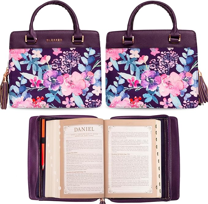Christian Art Gifts Women's Fashion Bible Cover Purse Style Blessed, Purple Floral Faux Leather, Large