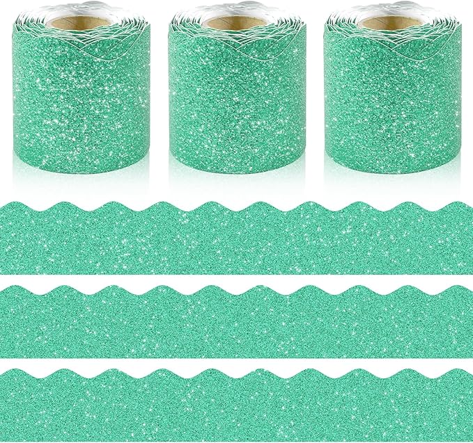 3 Rolls 98.4 Ft Glitter Bulletin Board Borders Set - Christmas Green Bulletin Board Decorations for Classroom, Office，School Supplies & Home DIY - Perfect for Teachers, Posters & Birthday Party Decor