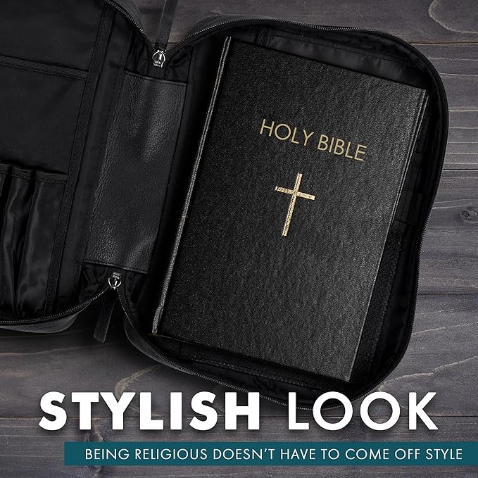 ELIZO Leather Bible Cover for Men Bible Case for Women Zippered Holder Protector Cross Church Tote Bag Carrying Organizer Sleeve Gift Onyx