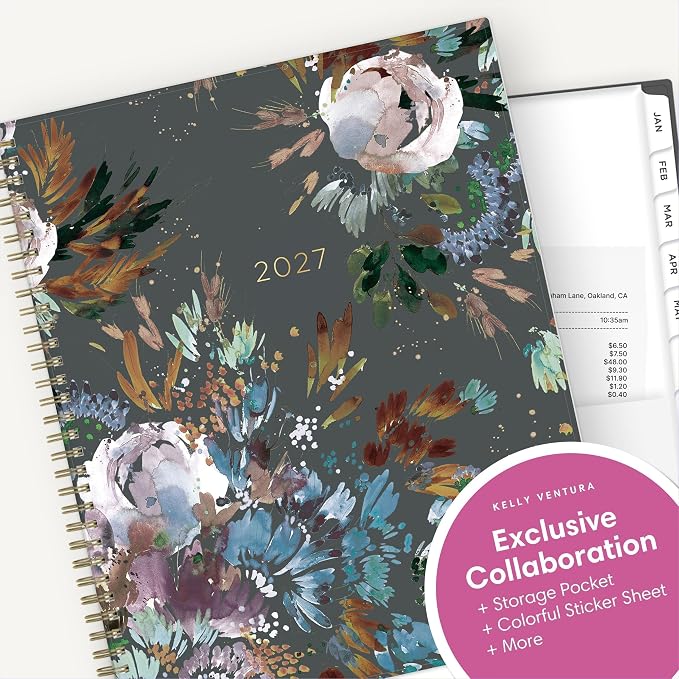Blue Sky Kelly Ventura 2026 Weekly and Monthly Planner Calendar, January 2026 - December 2026, 8.5" x 11", Flexible Cover, Laminated Tabs, Durable Twin Wire Binding, Storage Pocket, Includes Sticker Sheet, Midnight Garden