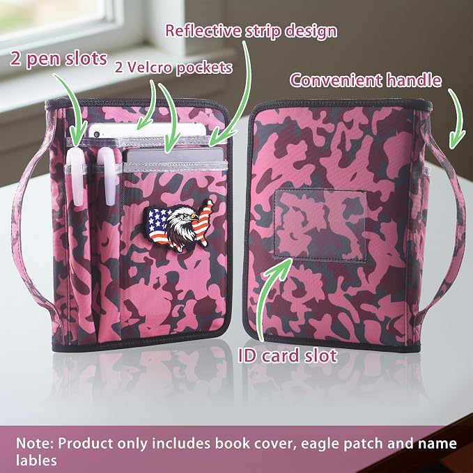 LParkin Pink Camo Scout Book Cover for Handbook 14th Edition, Waterproof Book Sleeve with 32 Name Labels & Eagle Patch, Unique Gifts for Girl Scouts