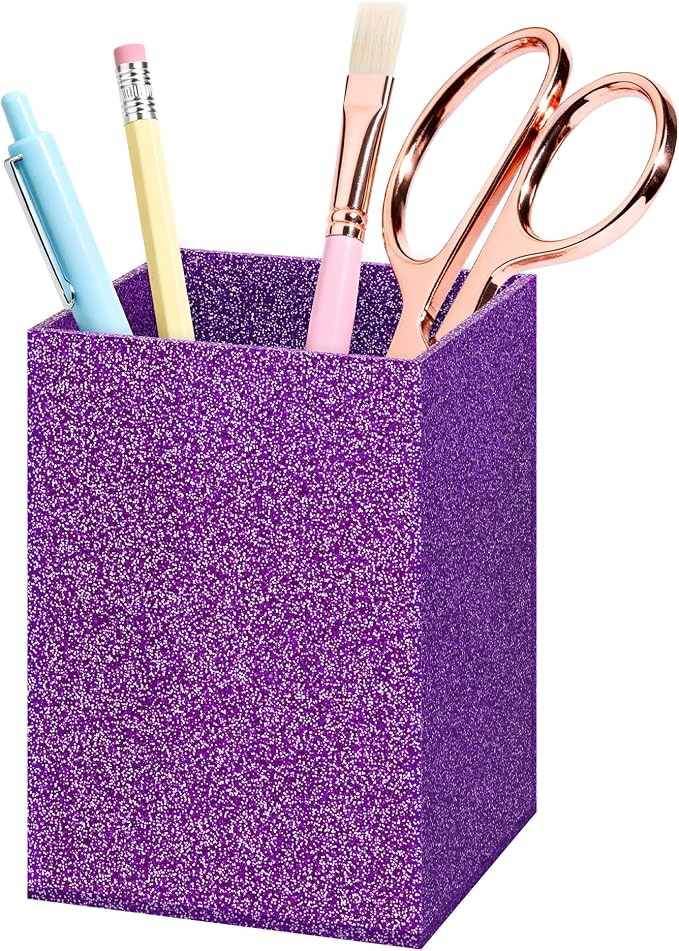 Purple Glitter Acrylic Pen Holder, Acrylic Makeup Brush Storage Organizer, Pencil Pen Holder for Desk, Modern Desktop Accessories for Office School Home Supplies