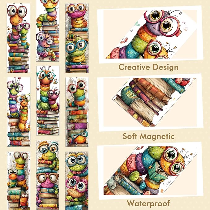Whimsical Bookworms Magnetic Bookmarks, 30 Pcs Cute Cartoon Worm Book Mark Magnet Clips for Reading Kids, Fun Page Markers for Books School Classroom Stationary Rewards Bookish Gifts