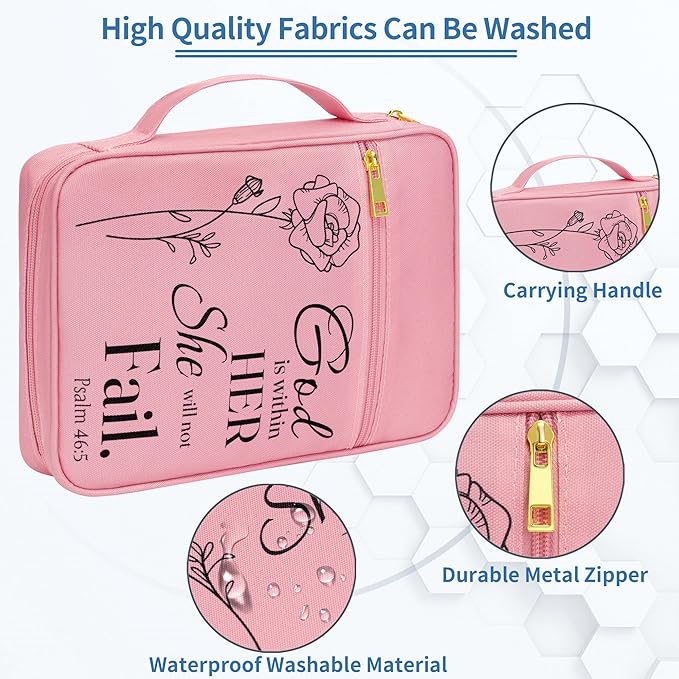 GUEER Bible Cover for Women, Bible Holder, Bible Cover Carrier Carrying Organizer Bag, Zipper and Pockets for Standard Size Bible, Gift for Women boy (Pink-Rose)