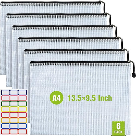 Mesh Zipper Pouch, 6PCS Waterproof Plastic Mesh ZipperBag, A4 Size Tear-Resistant Document Pouch, Extra Large Zip File Bags, for School Office Supplies Home Travel Storage(13.5×9.5 Inch)