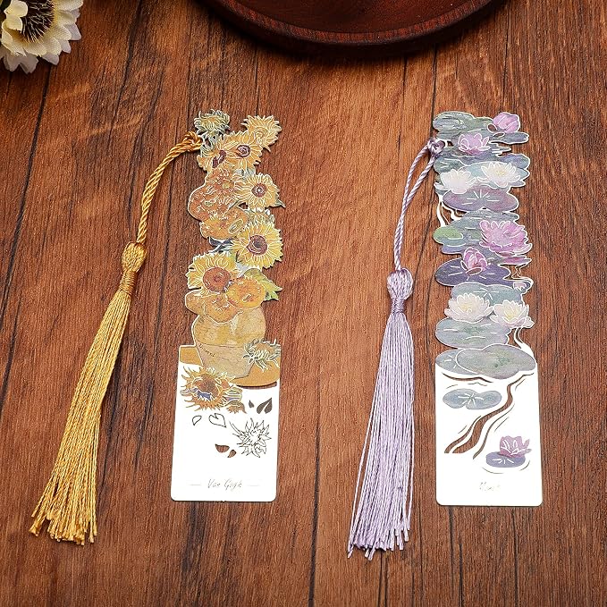 2 PCS Metal Bookmarks with Tassel, Pretty Women's Bookmarks - Water Lilies and Sunflowers Design (BKM-046-001)