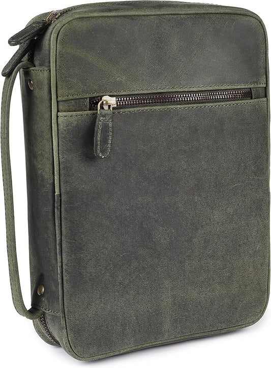 LEATHER VILLAGE Handmade Vintage Leather Bible Cover for Men & Women - Large Protective Bible Case & Organizer for Church, Travel & Study Christian Religious Antique Bookmark - Olive