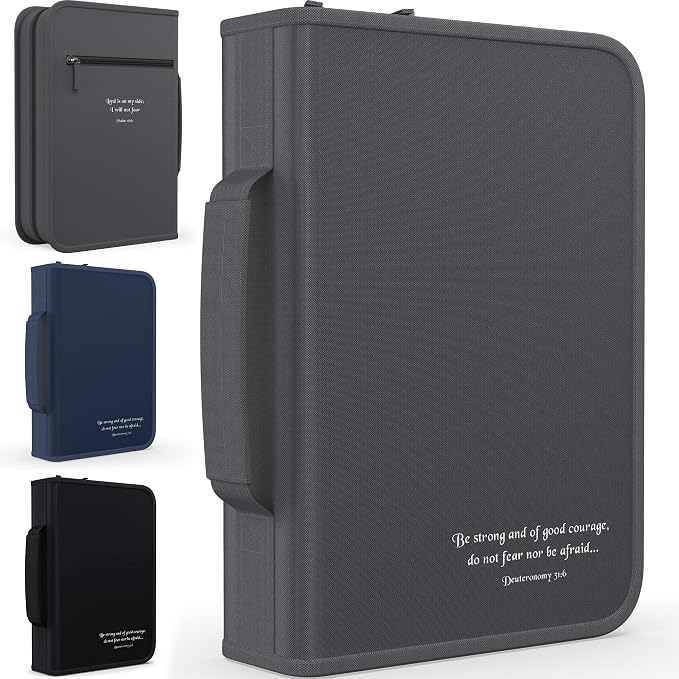 DEHITE Bible Cover Case for Men — Bible Carrying Cases for Men – Grey Large Size – Bag Fits Book 10,1 x 7 x 1.9 in – Pen Slots – Zippered Pocket – Premium Fabric – Christian Gift