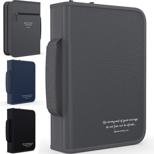 DEHITE Bible Cover Case for Men — Bible Carrying Cases for Men – Grey Large Size – Bag Fits Book 10,1 x 7 x 1.9 in – Pen Slots – Zippered Pocket – Premium Fabric – Christian Gift
