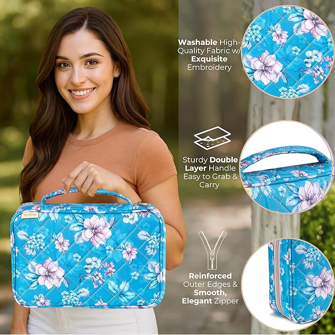Quilted Bible Case for 6.5 X 9.5 inch Books, Bible Carrying Case for Women, Teal Bible Cover