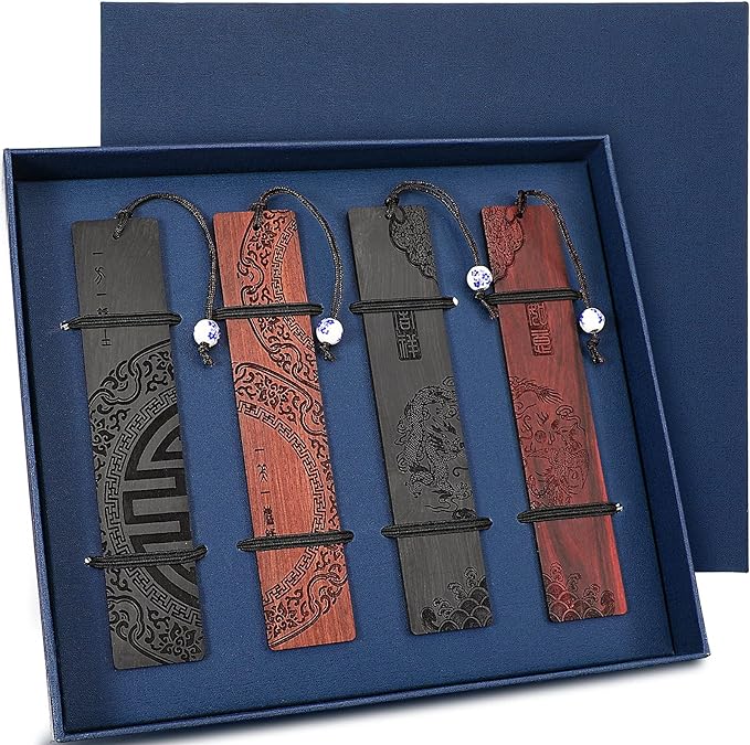 Outus 4 Pieces Wooden Bookmarks for Men Women Employee Father's Day Appreciation Gifts for Men Back to School Gifts Vintage Handmade Natural Carving for Book Lovers Birthday(Traditional Style)