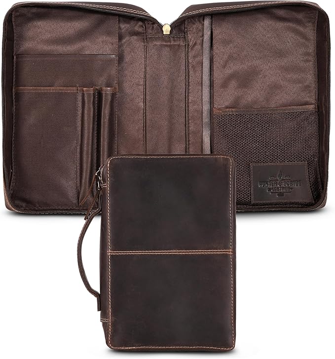 Hunter & Scribe Leather Bible Covers for Men and Women - Top Grain Buffalo Leather - Genuine Leather Bible Cover with Pockets, Zipper, and Bookmark - Bible case - Book Cover - Large Dark Brown