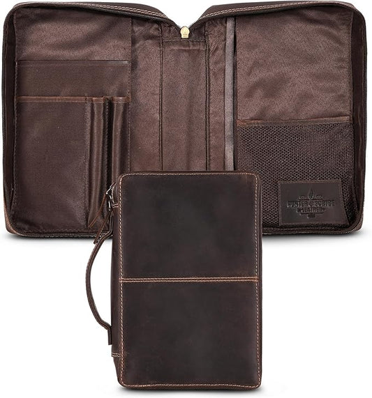 Hunter & Scribe Leather Bible Covers for Men and Women - Top Grain Buffalo Leather - Genuine Leather Bible Cover with Pockets, Zipper, and Bookmark - Bible case - Book Cover - Large Dark Brown