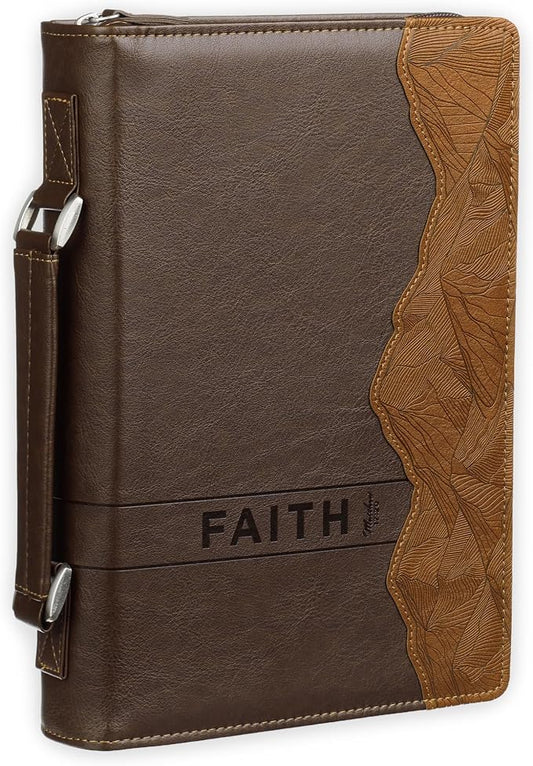 Christian Art Gifts Classic Premium Vegan Leather Inspirational Bible Cover for Men & Women: Faith Moves Mountains Encouraging Bible Verse, Easy Carry Zippered Case, Pen Loops, Pockets, Brown, Medium