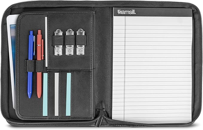 Samsill Professional Padfolio, Faux Leather Junior Portfolio with Zipper, 10.1 Inch Tablet Sleeve, with 7 x 10 Inch Notepad, Black