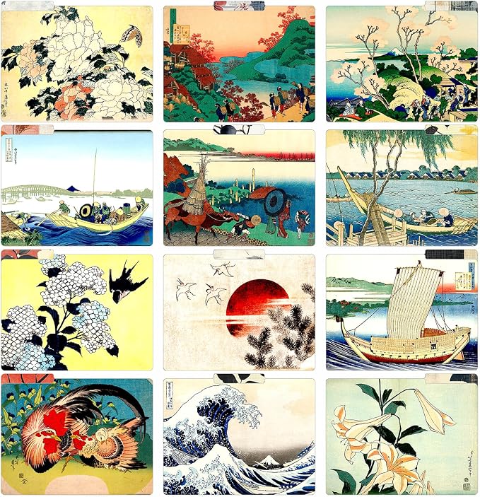 PARTH IMPEX 12 Pack Decorative Hokusai Floral File Folders, 1/3 Cut Tab with Assorted Positions, Letter Size Paper Holders (9.37” x 11.75”) Matte Finish Laminated, Cute Fancy Folder