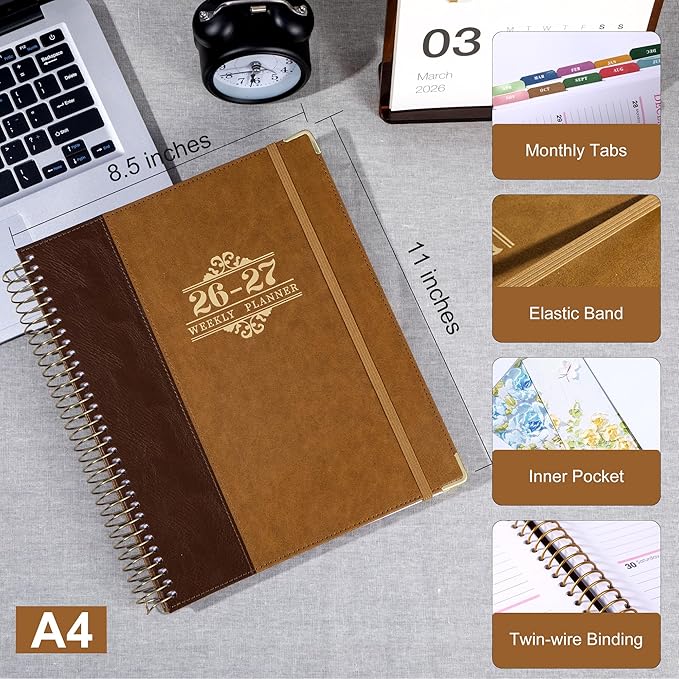 Planner 2026-2027, Leather Two-Tone Planner, 18 Month Weekly and Monthly Planner Calendar with Tabs, Jul 2026–Dec 2027, Large 8.5" x 11" A4 Hardcover Spiral Agenda Planner for Home, School and Work （Brown）