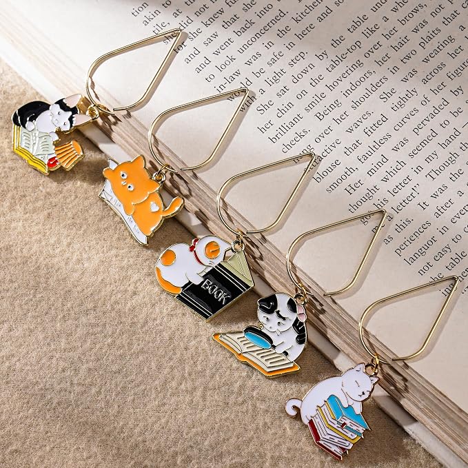 Cute Cat Metal Bookmark - 5 PCs Funny Paper Clip Page Markers Inspirational Book Lovers Bookworm Gifts Metal Bookmarks Kids Students Teachers Birthday Valentines School Reading Accessories