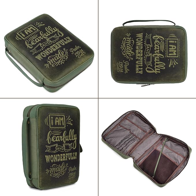 LEATHER VILLAGE Handmade Vintage Genuine Leather Embossed Bible Cover for Men & Women - Large Protective Bible Case & Organizer for Church, Travel & Study Christian Religious Antique Bookmark- Olive