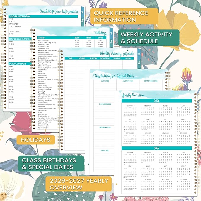 2026-2027 Teacher Planner, JUL 2026 - JUN 2027, Lesson Planner 2026-2027, 8.5" x 11", Colorful Monthly Tabs, Spiral Bound