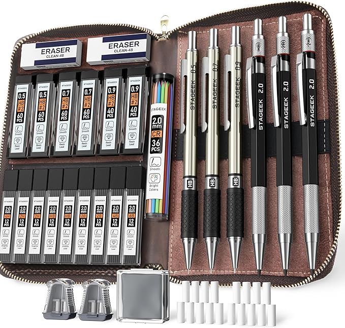 STAGEEK Drawing Pencil Set with Leather Bag 30 Count, Mechanical Pencils 0.5, 0.7, 0.9MM & 3PCS 2MM Sketch Pencils with 464PCS Lead Refills (6B 4B 2B HB 2H 4H Color) for Artist Drafting Drawing